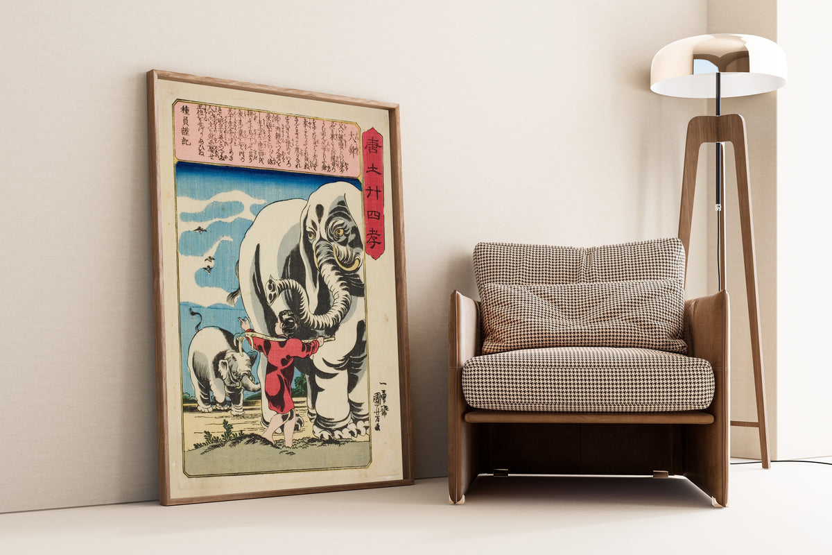 Shun the Great (Tai Shun), 24 Paragons by Utagawa Kuniyoshi — framed and leaning against a wall beside an armchair and a floor lamp