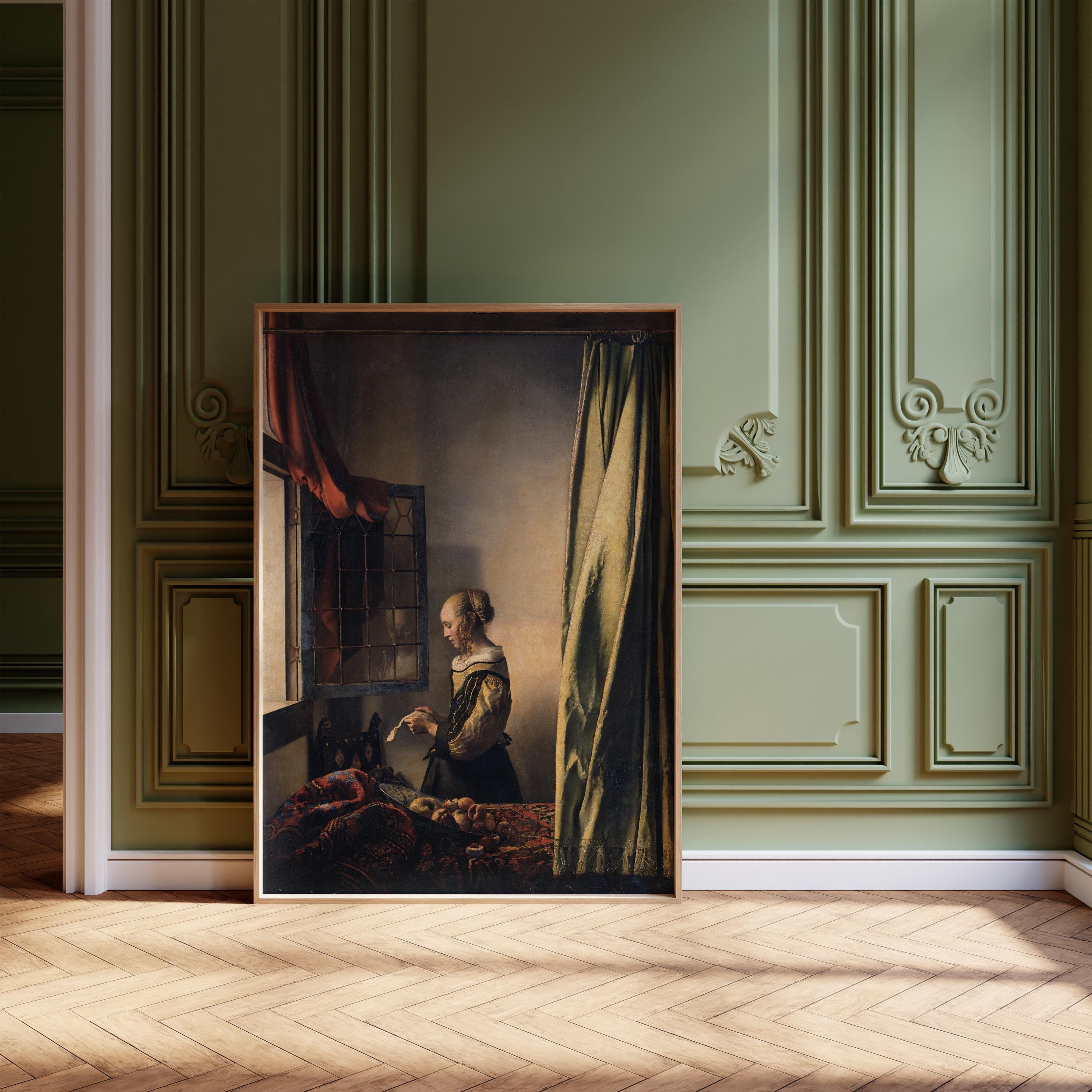 Vermeer - Girl Reading Letter by Open Window | Richly Coloured and Gorgeous Famous Art Red and Green (available handframed or unframed) - 9ArtPrints