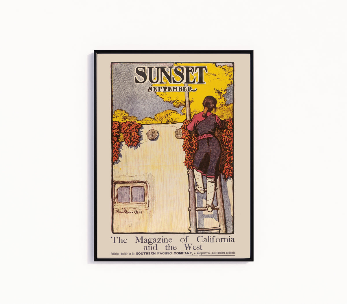 Framed art print of California Adobe by Maynard Dixon, in a slim black frame on a plain white wall