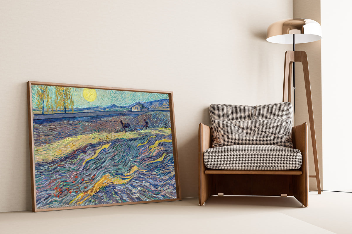 Enclosed Field with Ploughman (Rising Sun) by Vincent van Gogh — shown framed on a wall