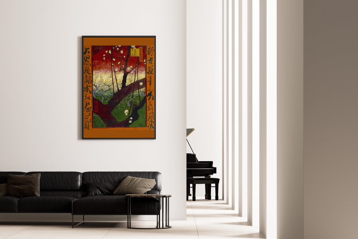 Flowering Plum Orchard (after Hiroshige) by Vincent van Gogh — framed on the wall of a minimal living room