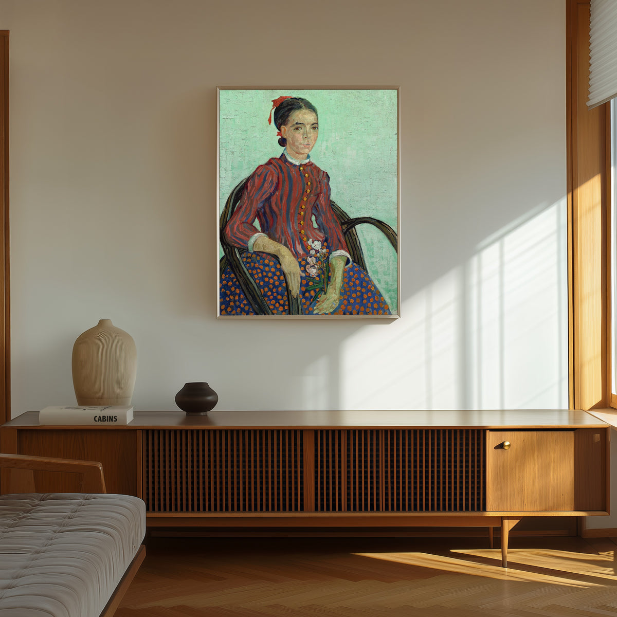 Framed art print of La Mousmé by Vincent van Gogh, in a thin light frame on a sunlit wall above a wooden sideboard