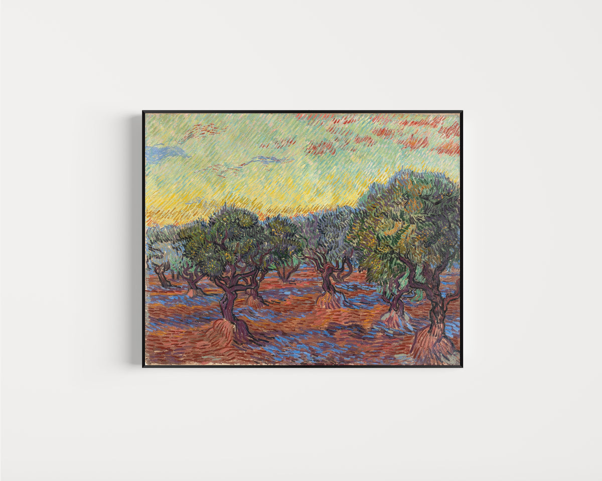 Framed art print of Olive Grove, Saint-Rémy by Vincent van Gogh, in a slim black frame on a plain white wall