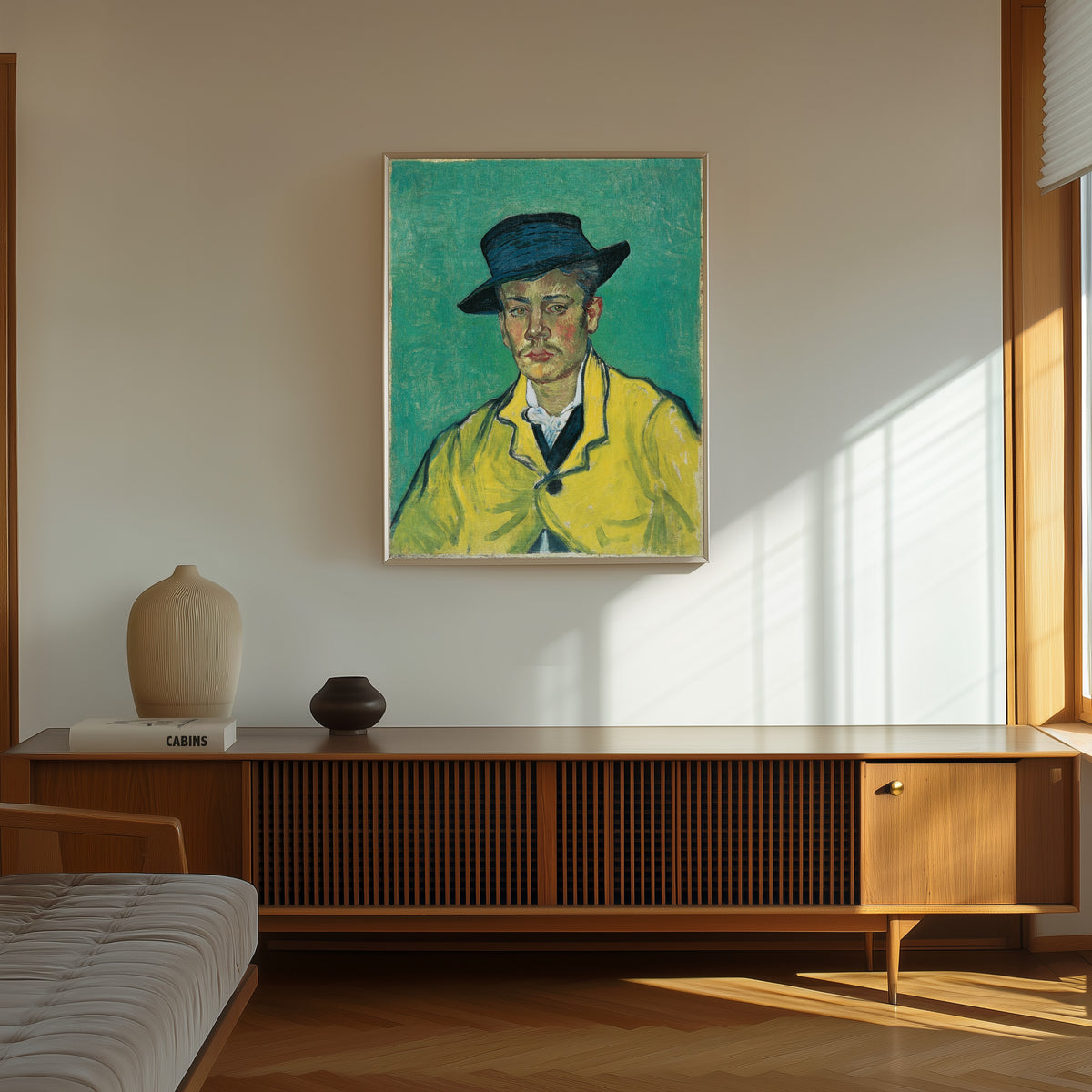 Framed art print of Portrait of Armand Roulin (Yellow Jacket) by Vincent van Gogh, in a thin light frame on a sunlit wall above a wooden sideboard
