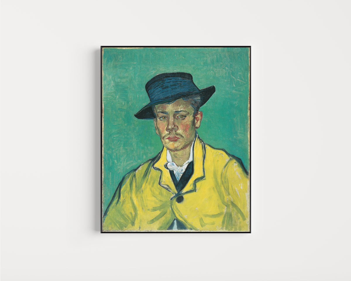 Framed art print of Portrait of Armand Roulin (Yellow Jacket) by Vincent van Gogh, in a slim black frame on a plain white wall
