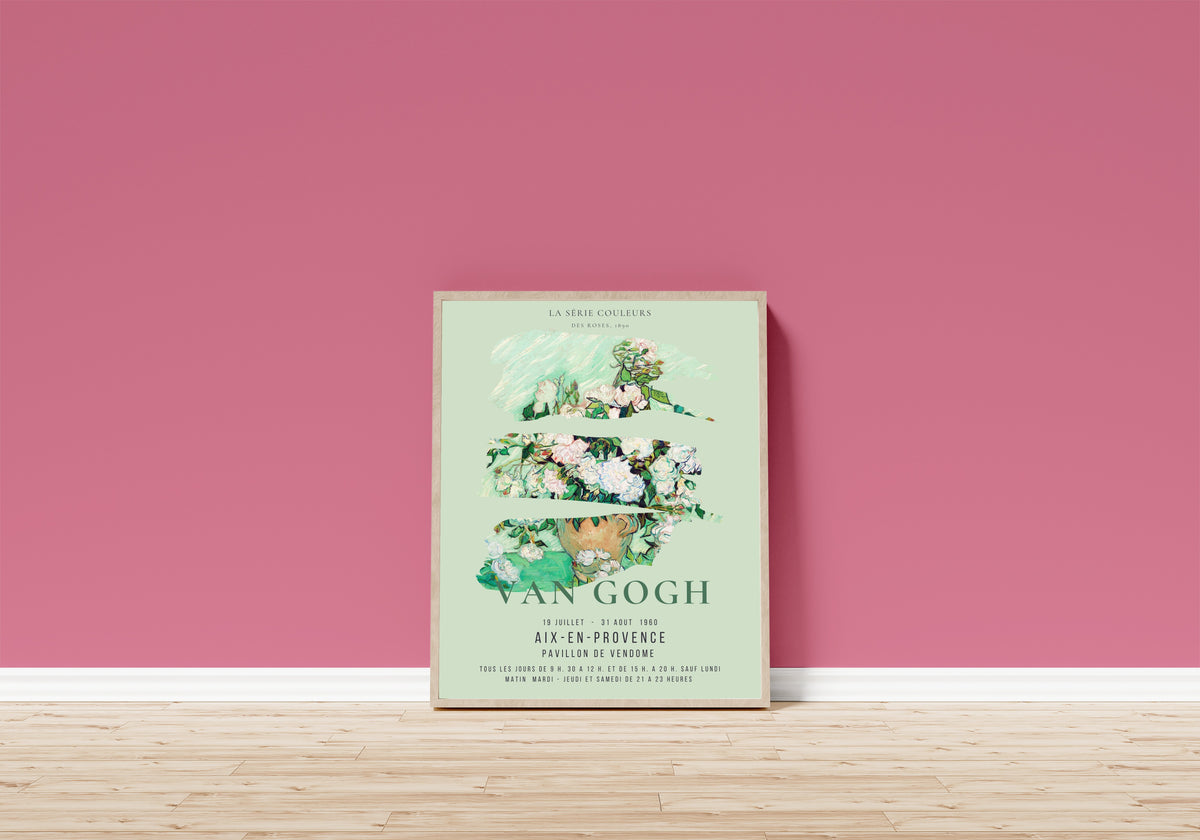 Framed art print of Roses by Vincent van Gogh, in a light wood frame leaning on a pink wall above a wooden floor