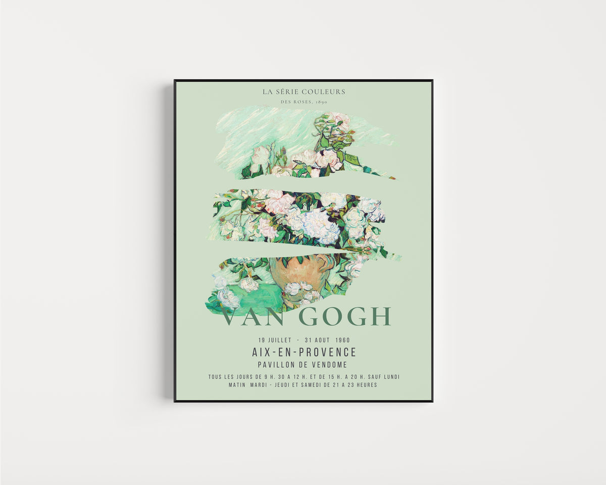 Framed art print of Roses by Vincent van Gogh, in a slim black frame on a plain white wall