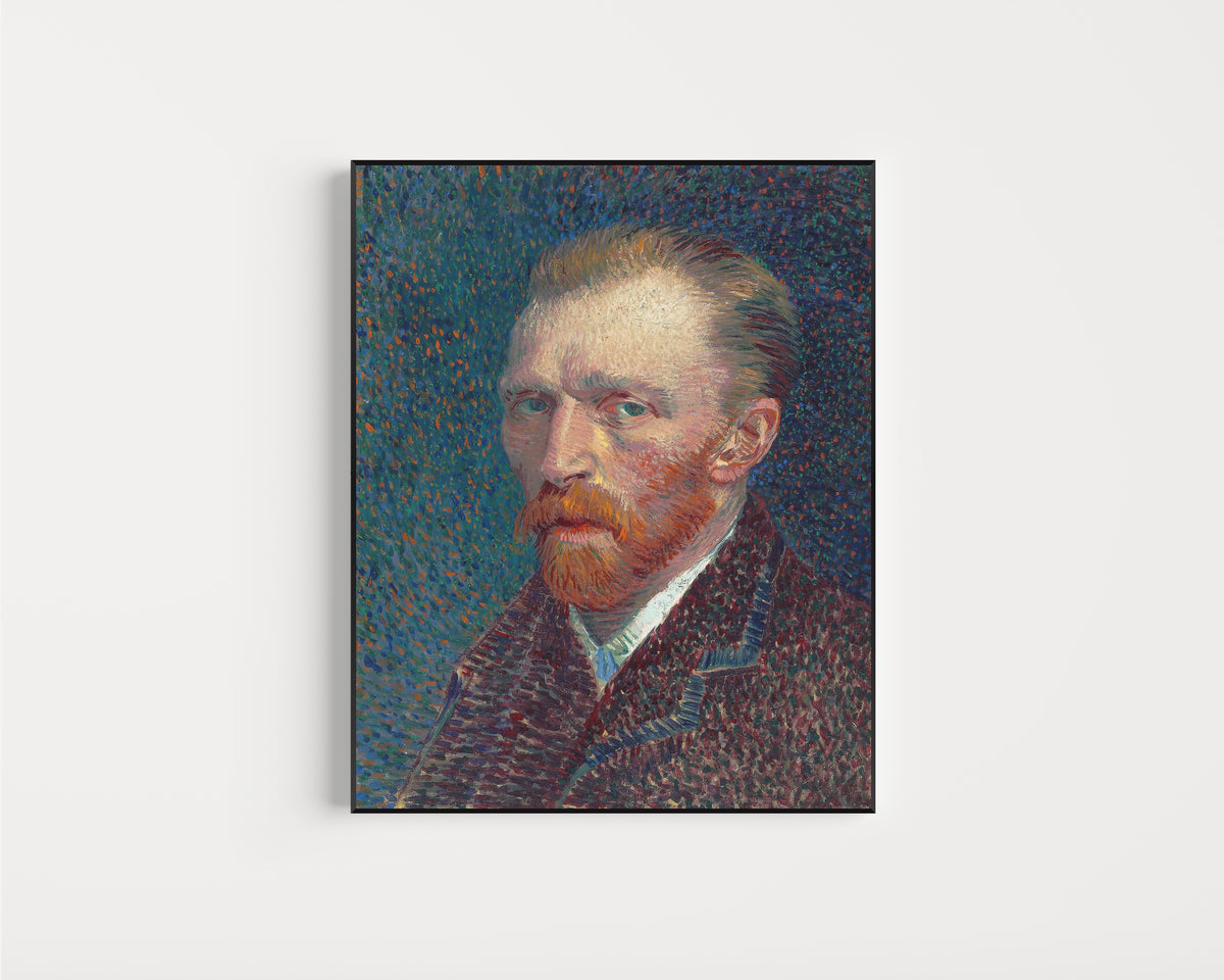Framed art print of Self-Portrait by Vincent van Gogh, in a slim black frame on a plain white wall