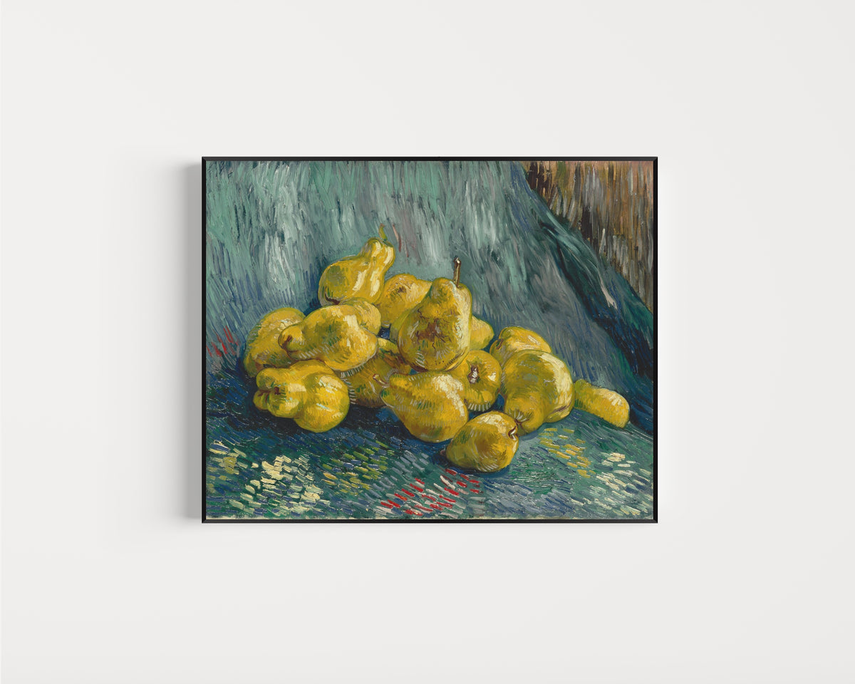 Framed art print of Still Life with Quinces by Vincent van Gogh, in a slim black frame on a plain white wall