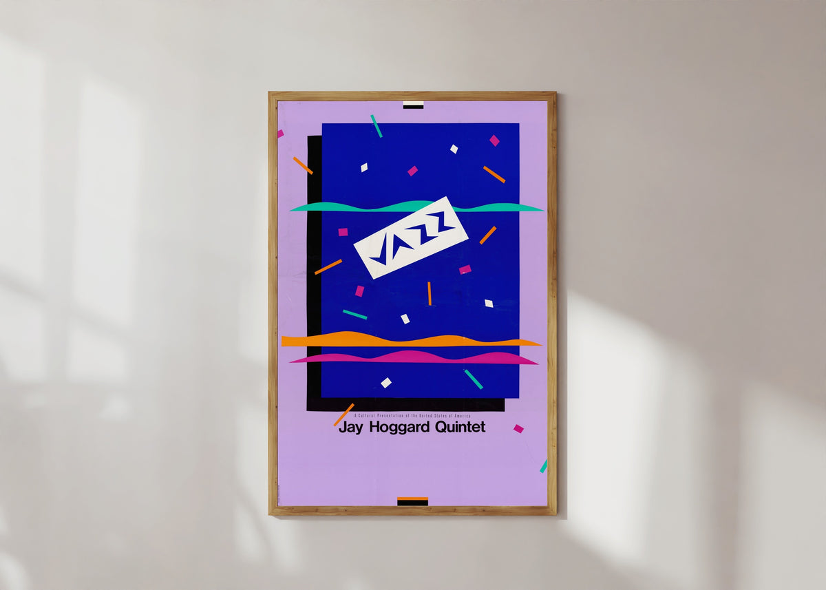 Framed art print of Jay Hoggard Quintet by USIA, in a light wood frame on a sunlit white wall