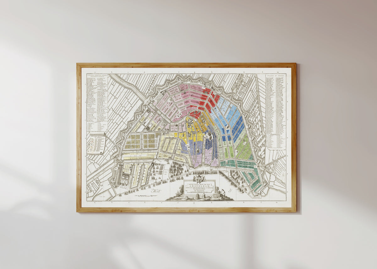 Framed art print of Nieuwe Platte Grond der Stad Amsteldam by Covens & Mortier, in a light wood frame on a sunlit white wall