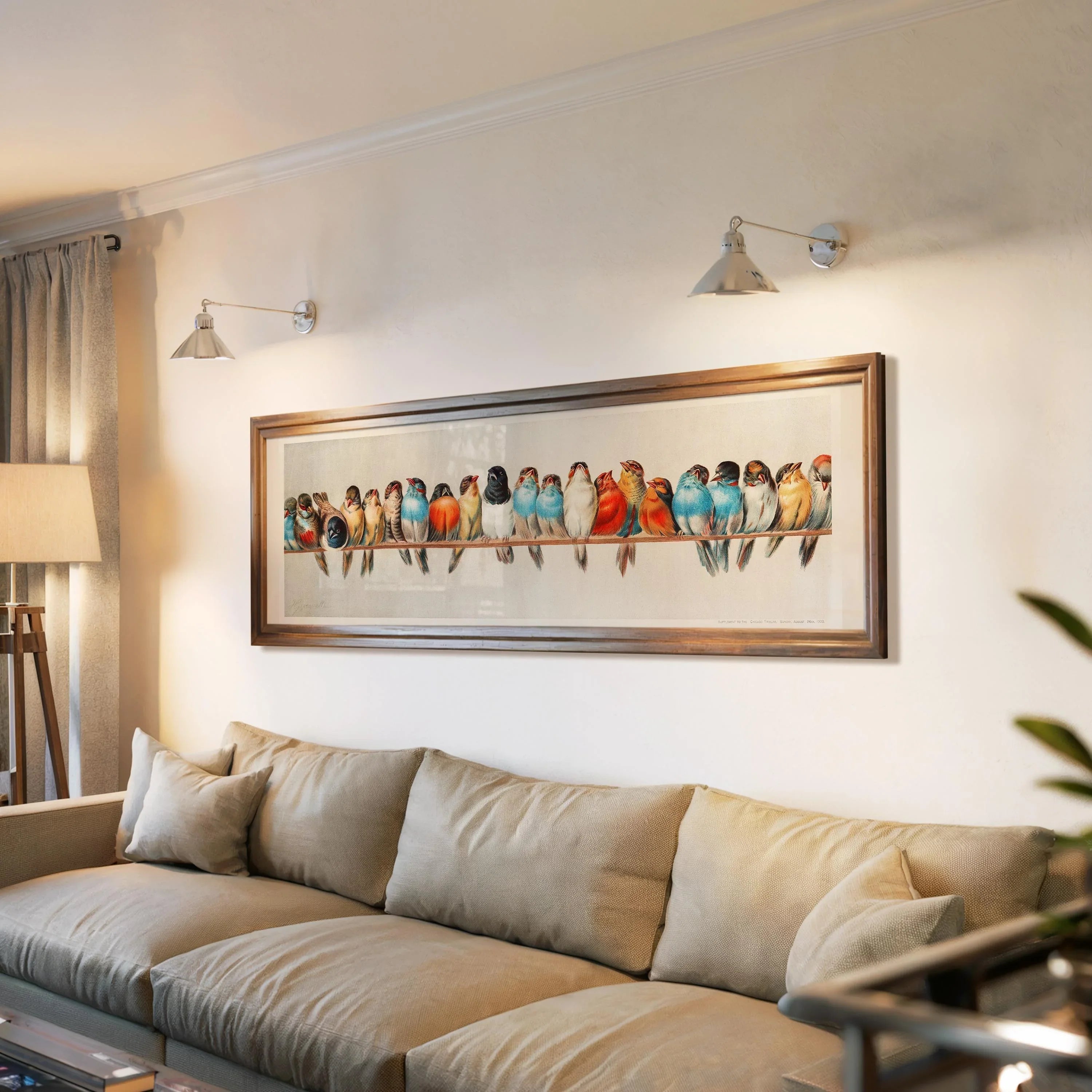 Vintage Bird Print: Colorful Birds on a Wire, Panoramic Artwork - 9ArtPrints