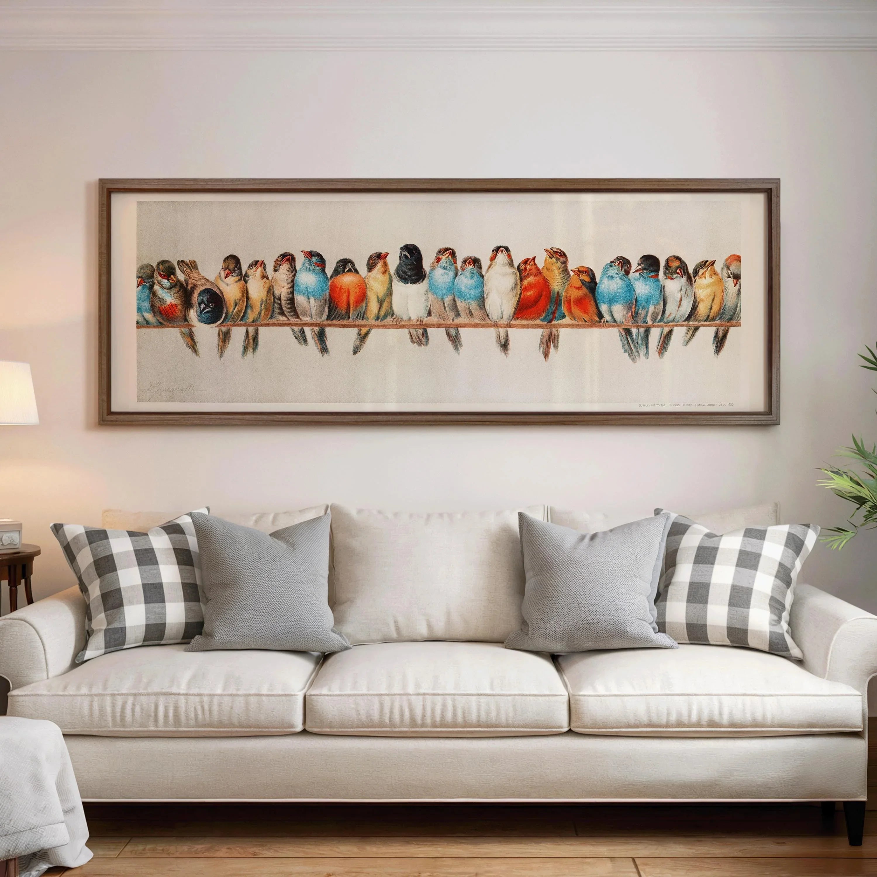 Vintage Birds on a Wire Illustration | Spectacular Lineup of Super Wide Vintage Birds | Colorful Artwork (available framed or unframed) 3x1 - 9ArtPrints