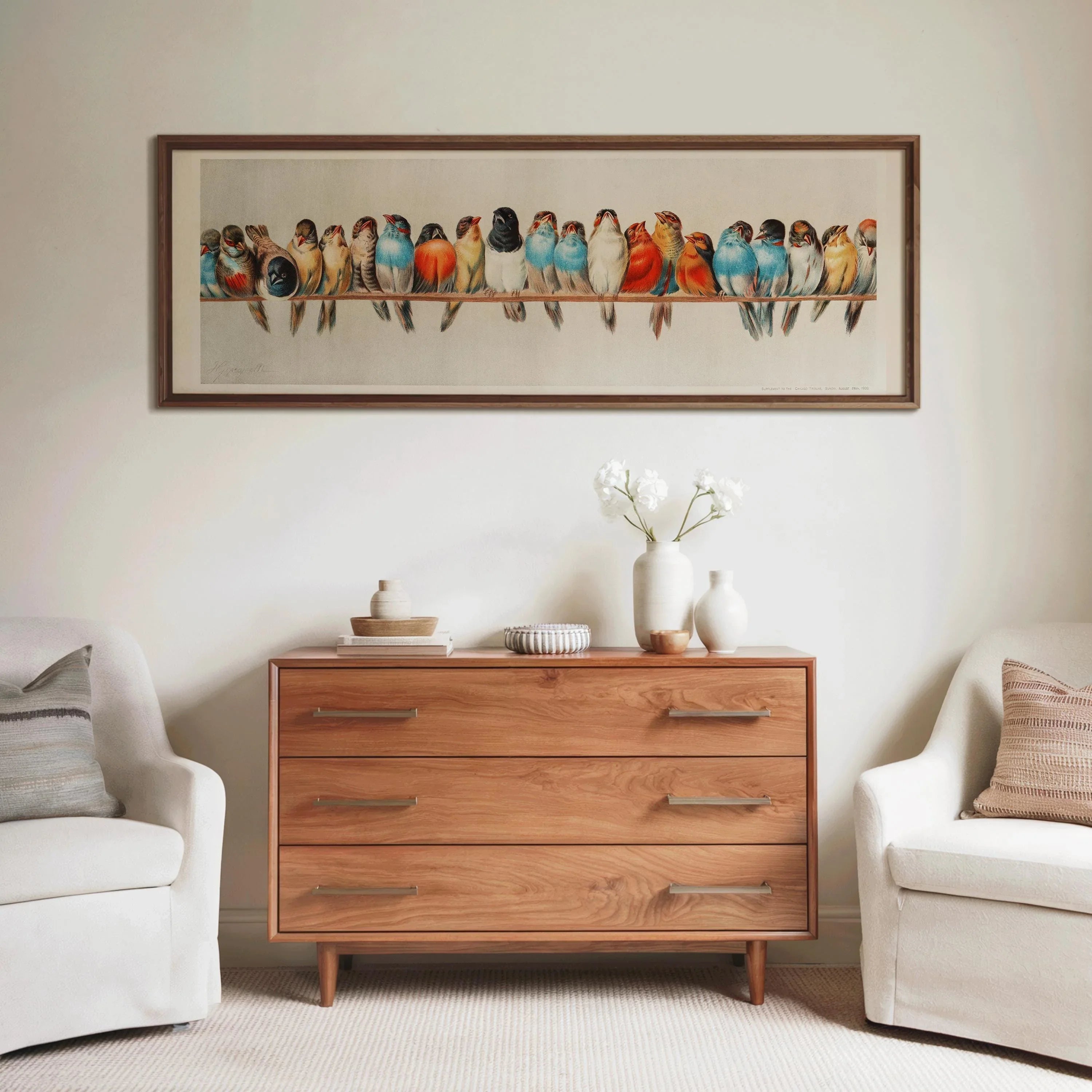 Vintage Birds on a Wire Illustration | Spectacular Lineup of Super Wide Vintage Birds | Colorful Artwork (available framed or unframed) 3x1 - 9ArtPrints