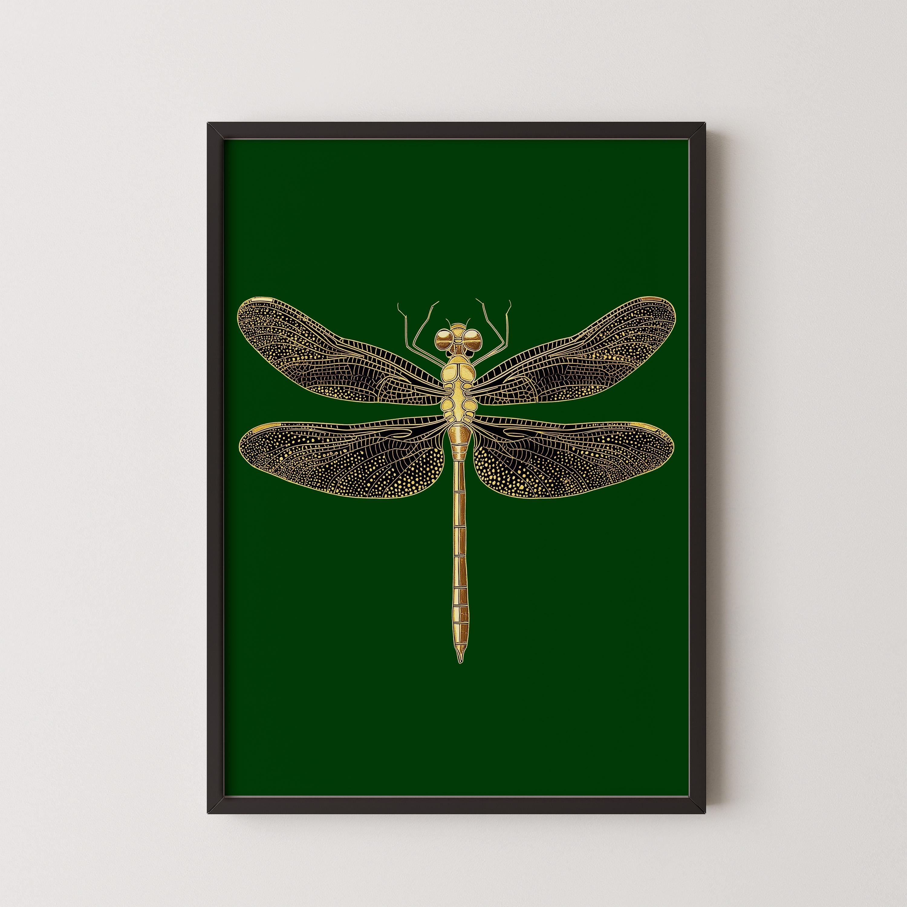 Vintage Gold Dragonfly (Partial AI) | Emerald Green Dark Academia Style Art Print (available handframed or unframed) - 9ArtPrints
