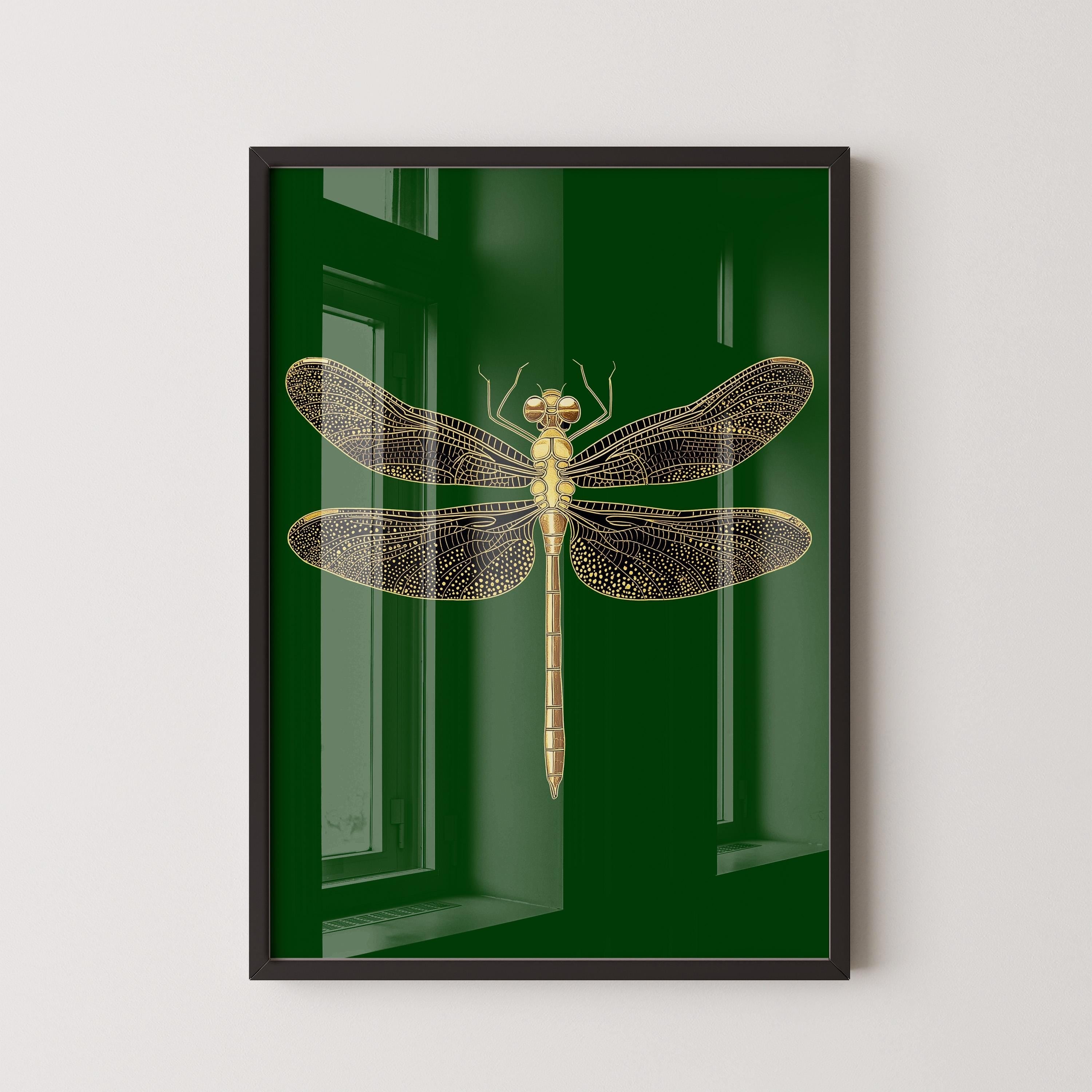 Vintage Gold Dragonfly (Partial AI) | Emerald Green Dark Academia Style Art Print (available handframed or unframed) - 9ArtPrints
