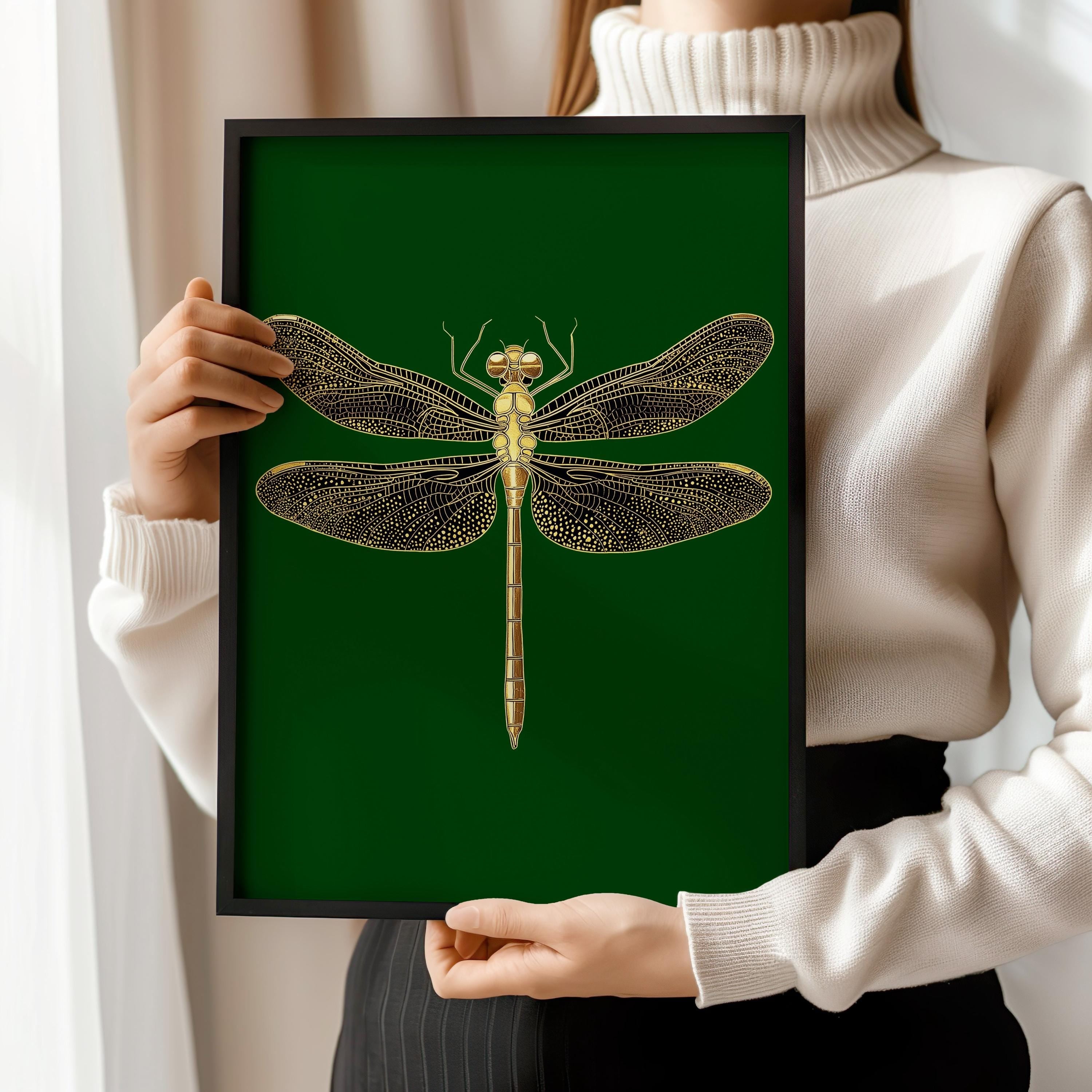 Vintage Gold Dragonfly (Partial AI) | Emerald Green Dark Academia Style Art Print (available handframed or unframed) - 9ArtPrints