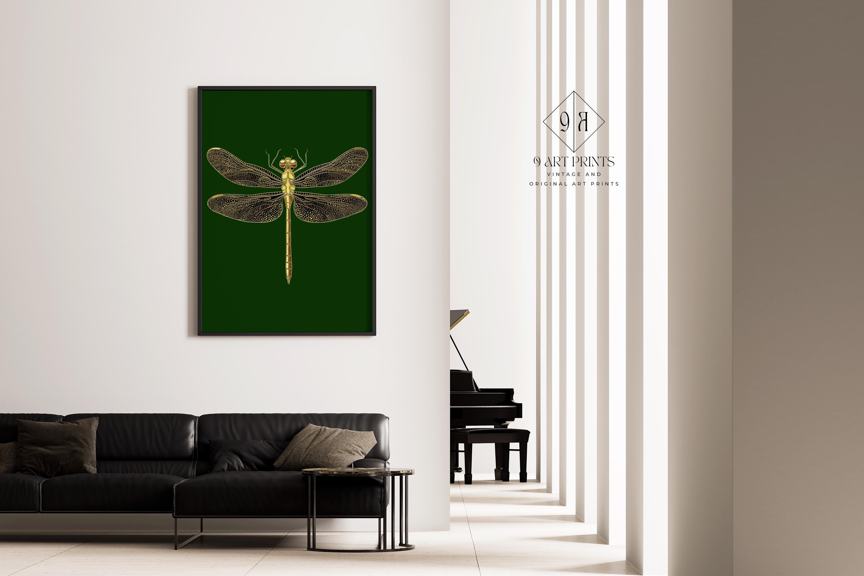 Vintage Gold Dragonfly (Partial AI) | Emerald Green Dark Academia Style Art Print (available handframed or unframed) - 9ArtPrints