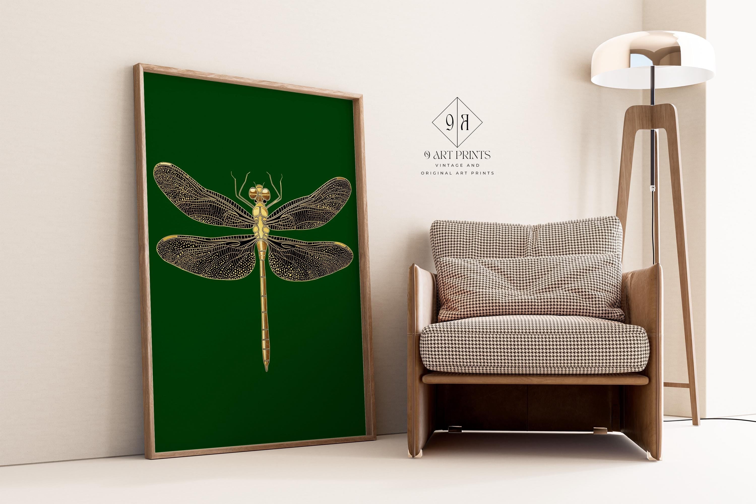 Vintage Gold Dragonfly (Partial AI) | Emerald Green Dark Academia Style Art Print (available handframed or unframed) - 9ArtPrints