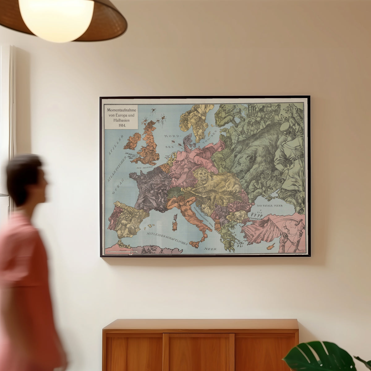 Framed art print of Momentaufnahme von Europa und Halbasien 1914 by W. Kaspar, in a slim black frame on a warm wall in a sunlit room