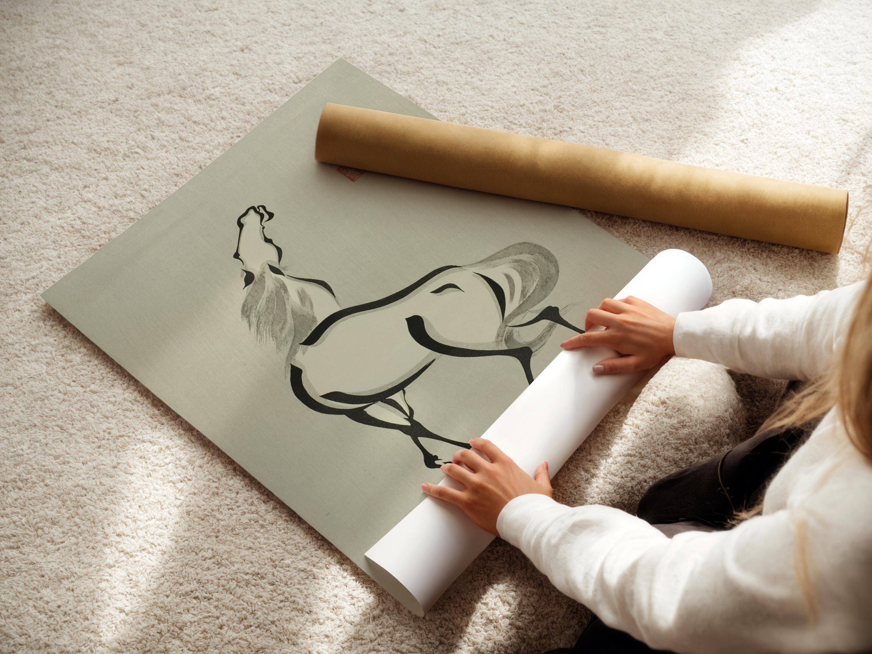 Wakyosai - Horse with Raised Head | PRINT | A Minimalist Japanese Print in Grey of Understated Elegance available handframed - 9ArtPrints