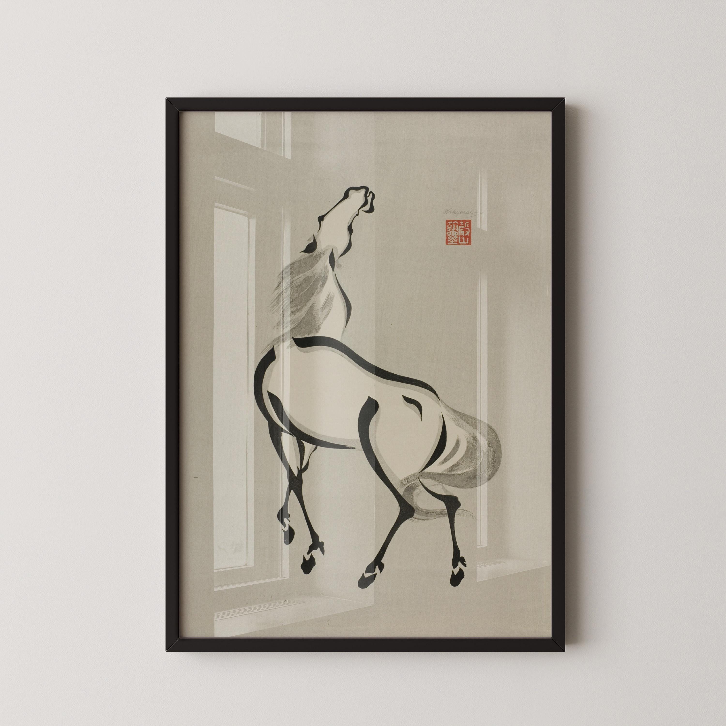 Wakyosai - Horse with Raised Head | PRINT | A Minimalist Japanese Print in Grey of Understated Elegance available handframed - 9ArtPrints