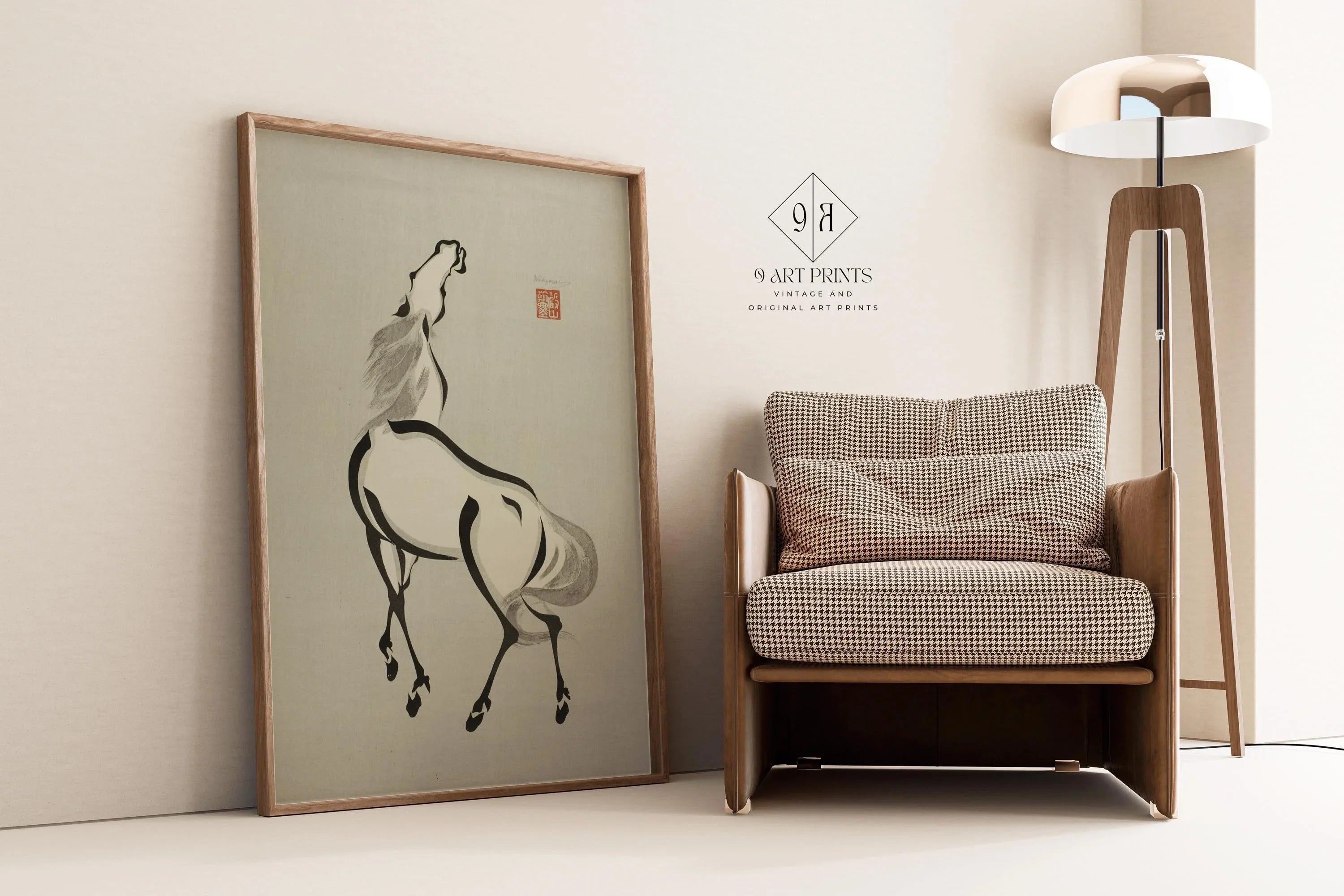 Wakyosai - Horse with Raised Head | PRINT | A Minimalist Japanese Print in Grey of Understated Elegance available handframed - 9ArtPrints