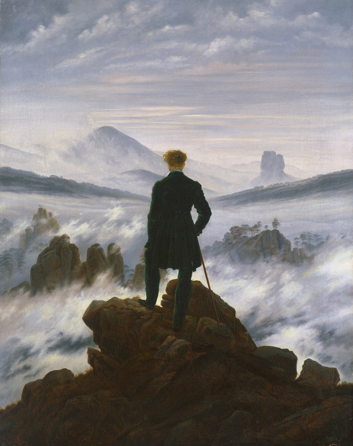 Wanderer Above the Sea of Fog by Caspar David Friedrich — A lone figure on a dark crag gazes over a sea of fog and far peaks