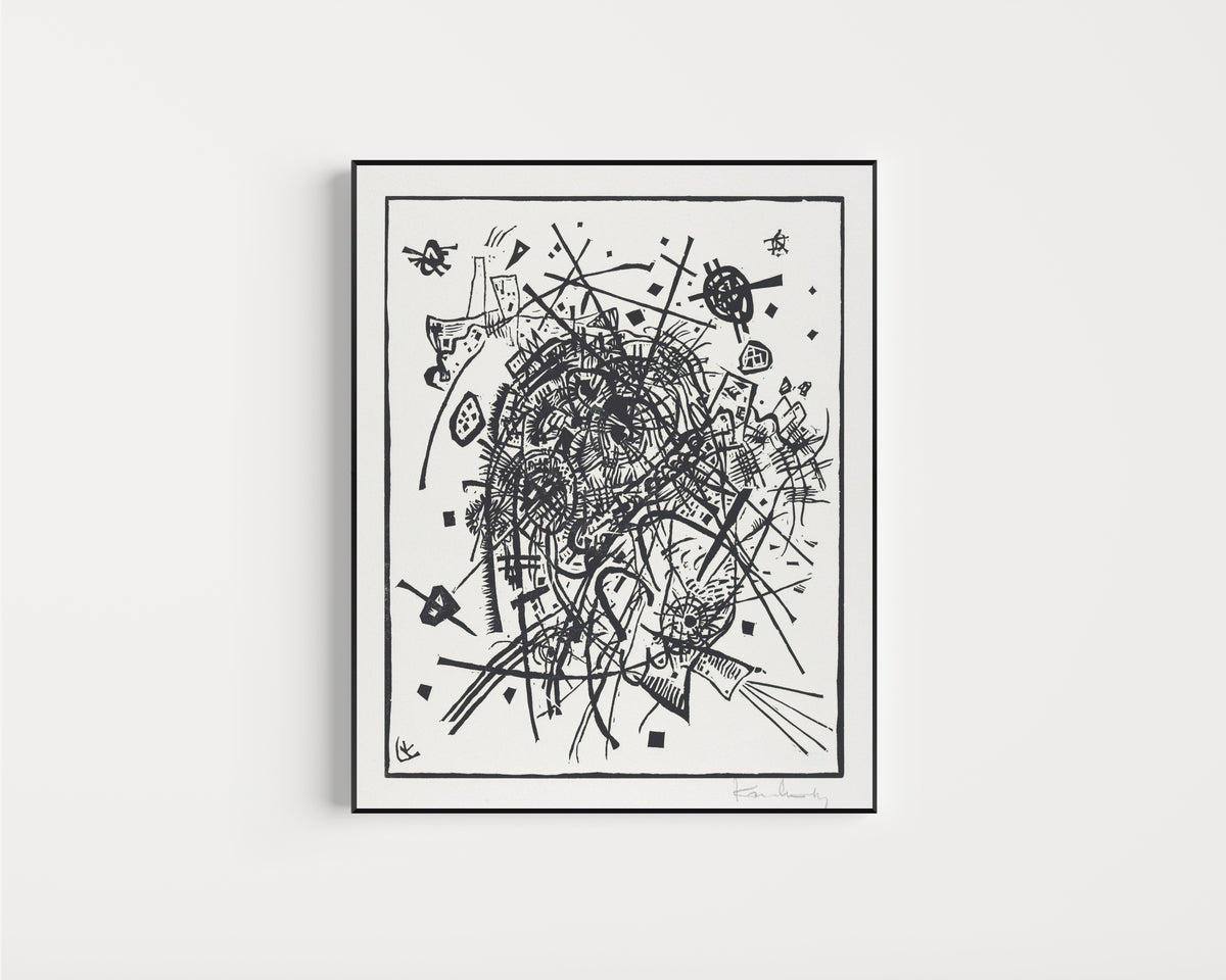 Framed art print of Small Worlds VIII by Wassily Kandinsky, in a slim black frame on a plain white wall
