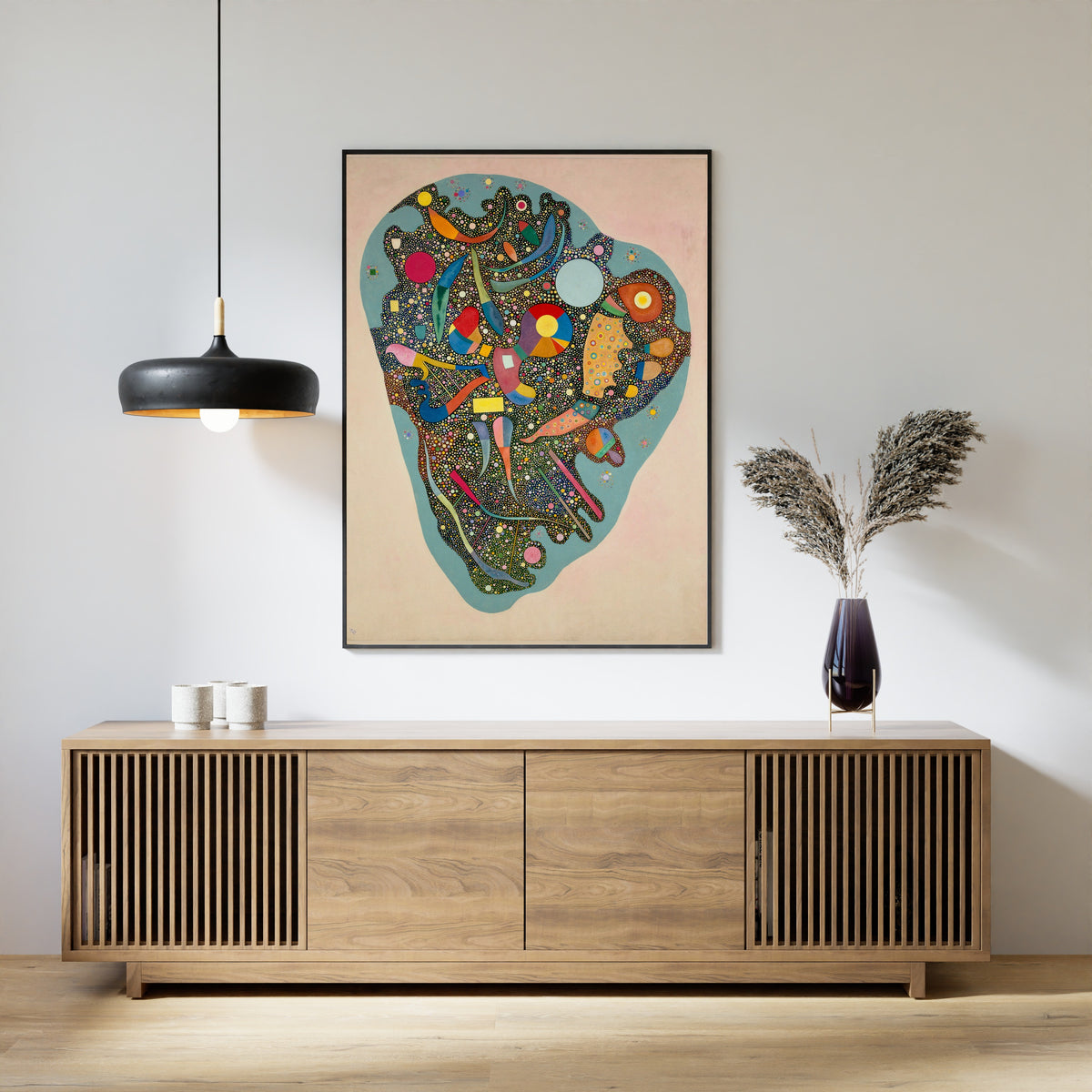 Regulated Heap by Wassily Kandinsky — framed above a slatted wood sideboard