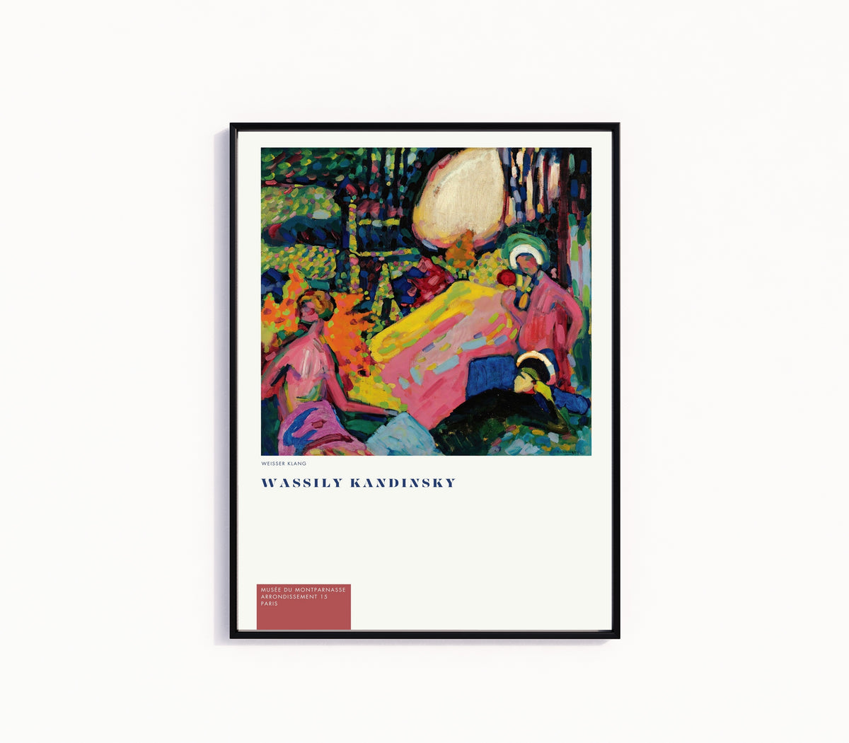 Framed art print of White Sound (Weisser Klang) by Wassily Kandinsky, in a slim black frame on a plain white wall