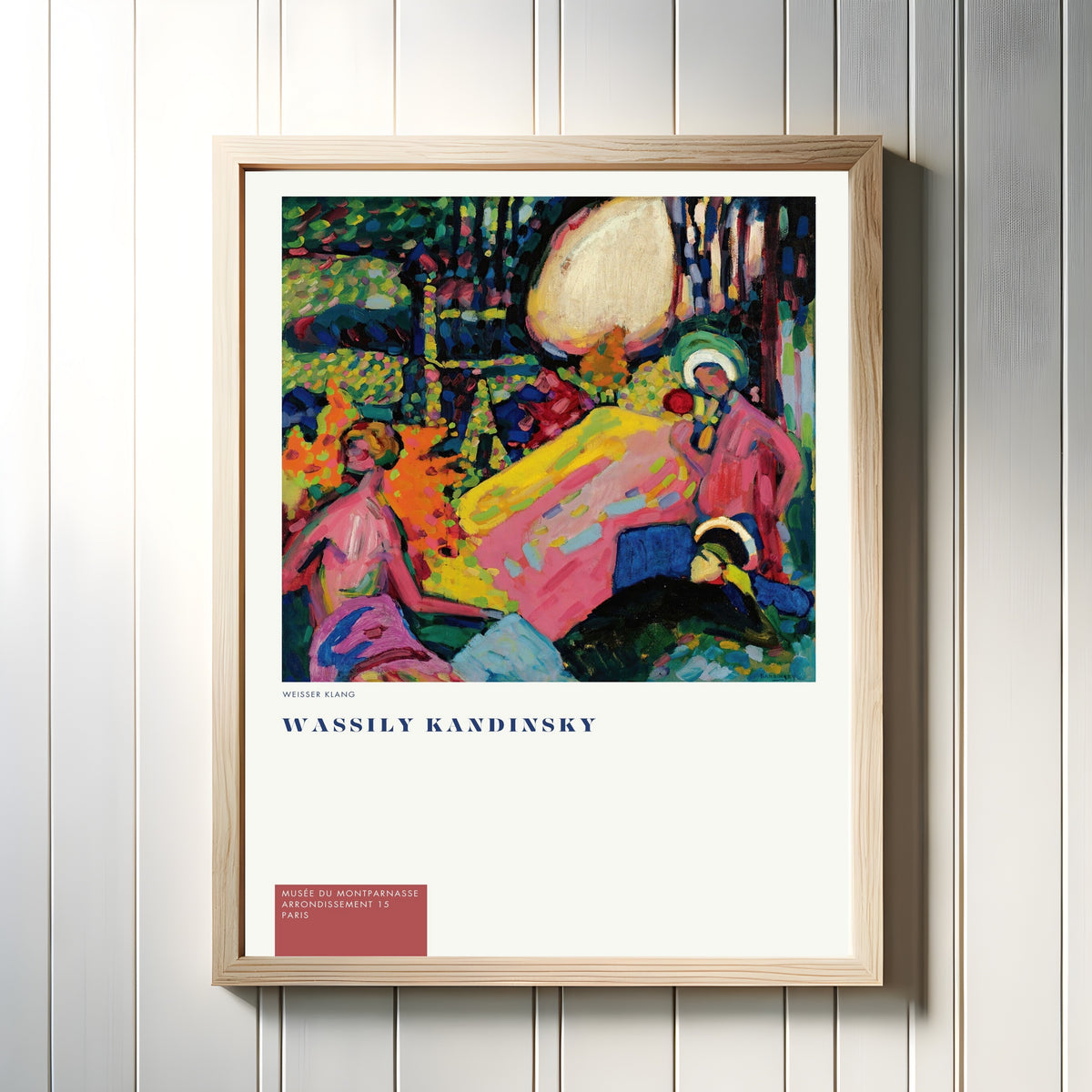 Framed art print of White Sound (Weisser Klang) by Wassily Kandinsky, in a light wood frame on a white panelled wall