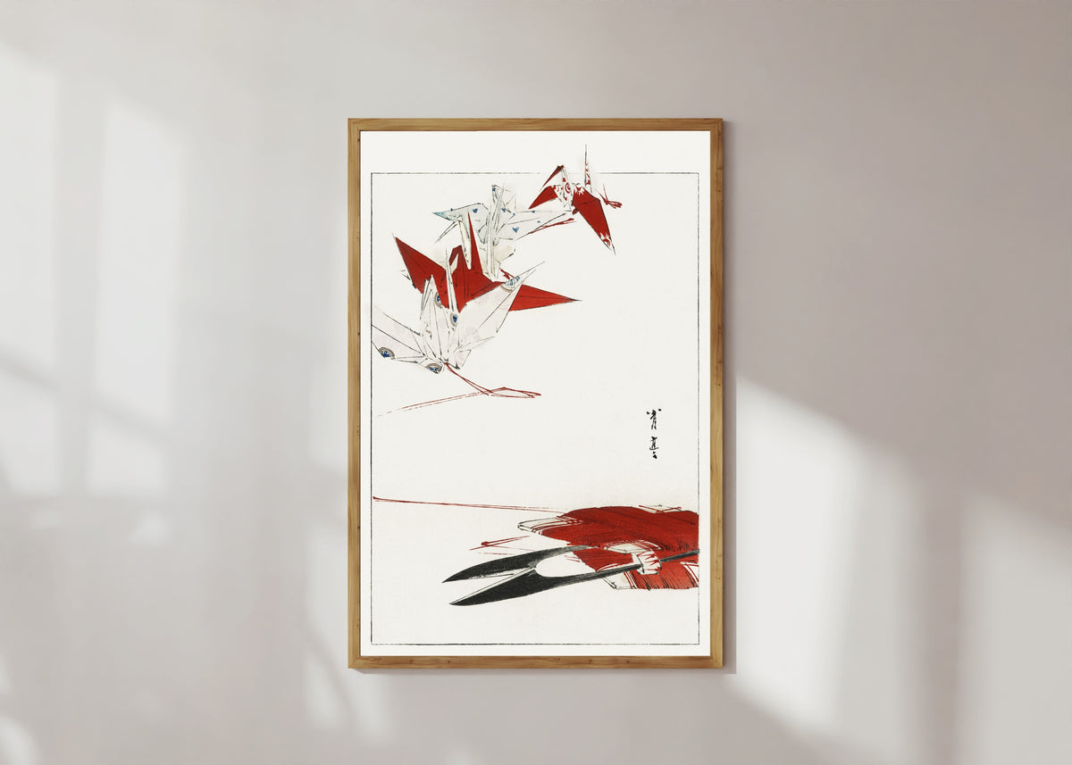 Framed art print of Bird Origami by Watanabe Seitei, in a light wood frame on a sunlit white wall