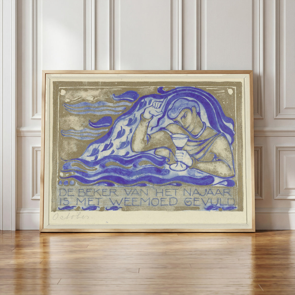 Framed art print of De beker van het najaar is met weemoed gevuld, october… by Willem Arondéus, in a light wood frame leaning against a panelled white wall