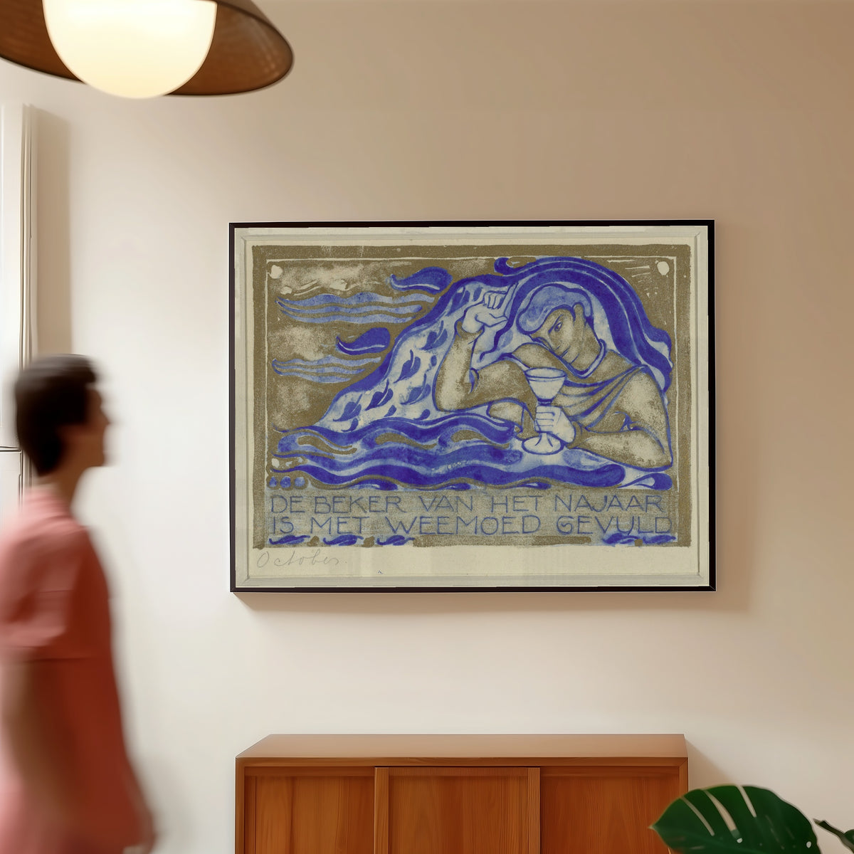 Framed art print of De beker van het najaar is met weemoed gevuld, october [The cup… by Willem Arondéus, in a slim black frame on a warm wall in a sunlit room