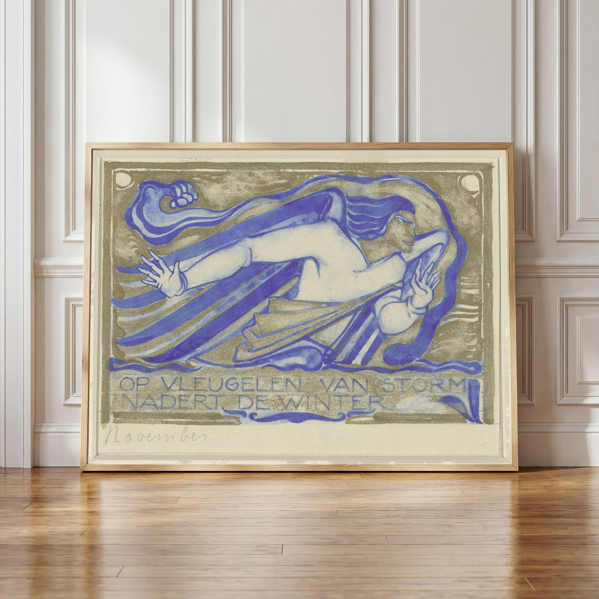 Framed art print of Op vleugelen van storm nadert de winter, november [On… by Willem Arondéus, in a light wood frame leaning against a panelled white wall