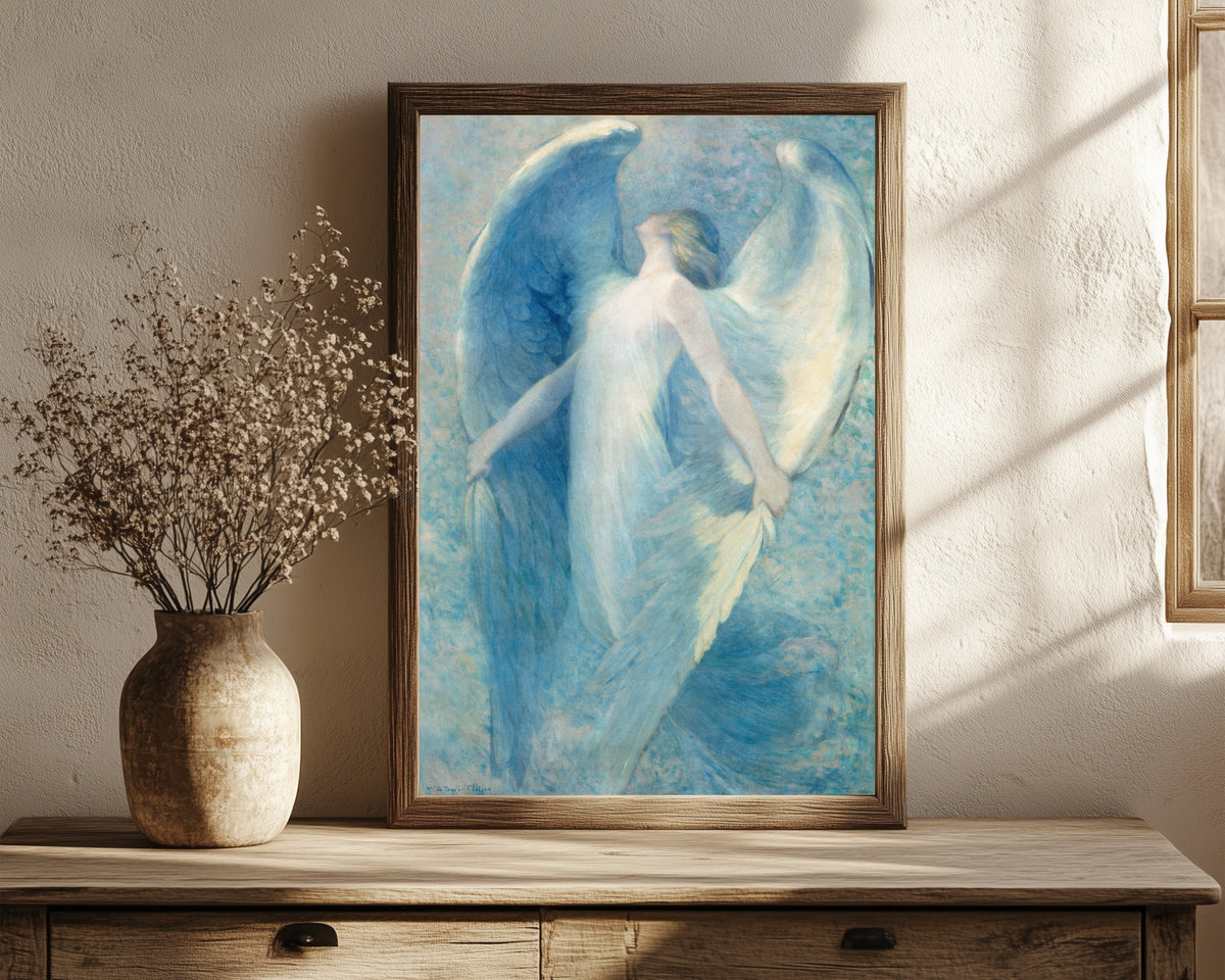 Framed art print of The Angel by William Baxter Closson, in a dark wood frame leaning on a rustic console beside dried flowers