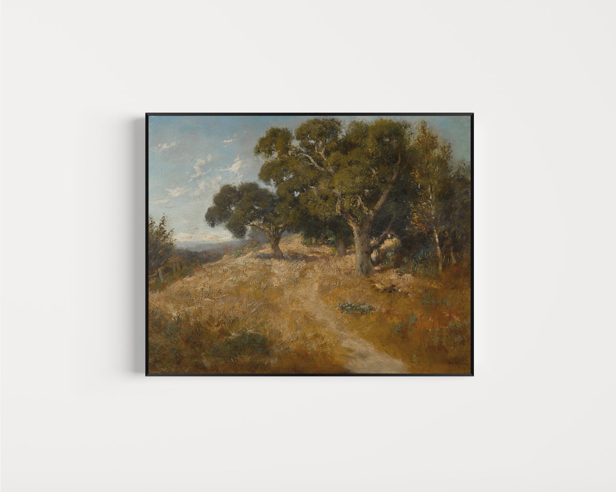 Framed art print of Path through California Oaks by William Keith, in a slim black frame on a plain white wall