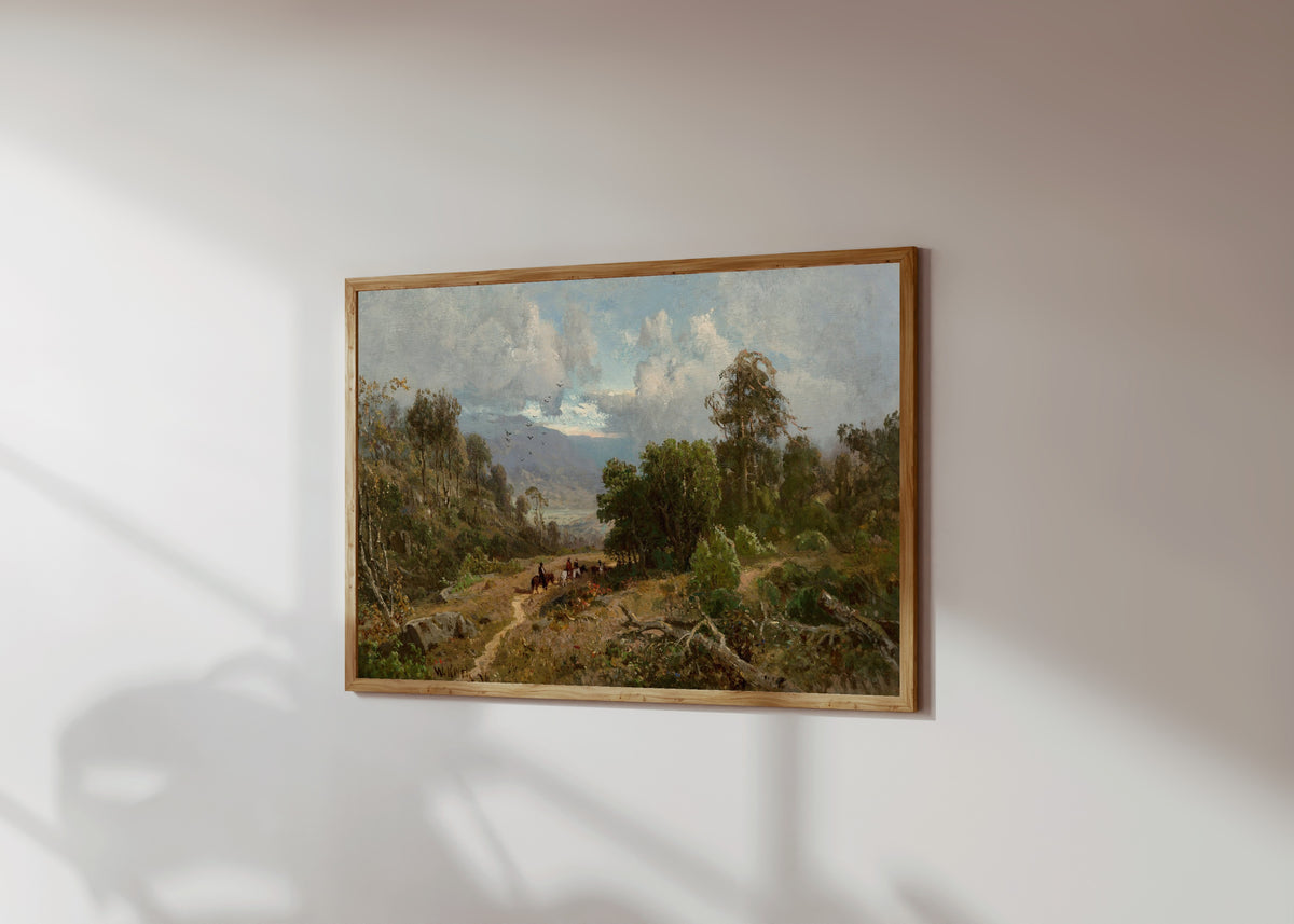 Framed art print of Scene in Russian River Valley, Sonoma, California by William Keith, in a light wood frame on a sunlit white wall, seen at a slight angle