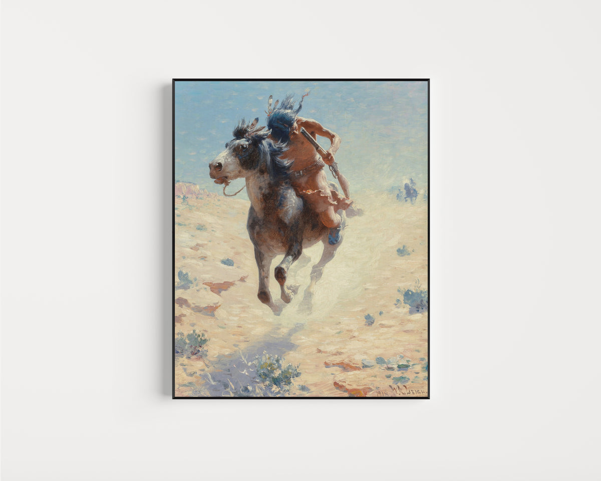 Framed art print of Indian Rider by William Robinson Leigh, in a slim black frame on a plain white wall