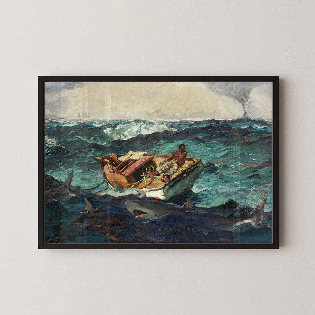 The Gulf Stream by Winslow Homer — in a black frame on a pale wall