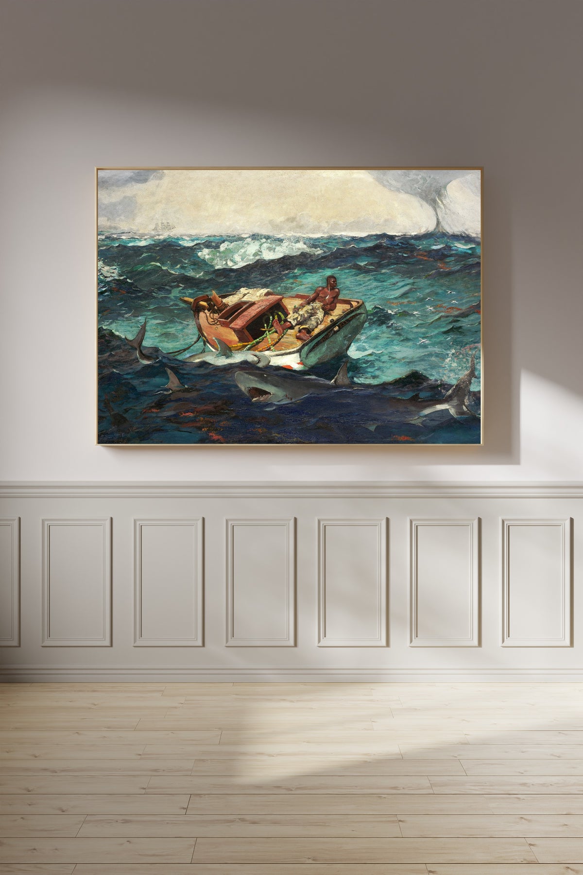 The Gulf Stream by Winslow Homer — framed on a panelled wall in afternoon light