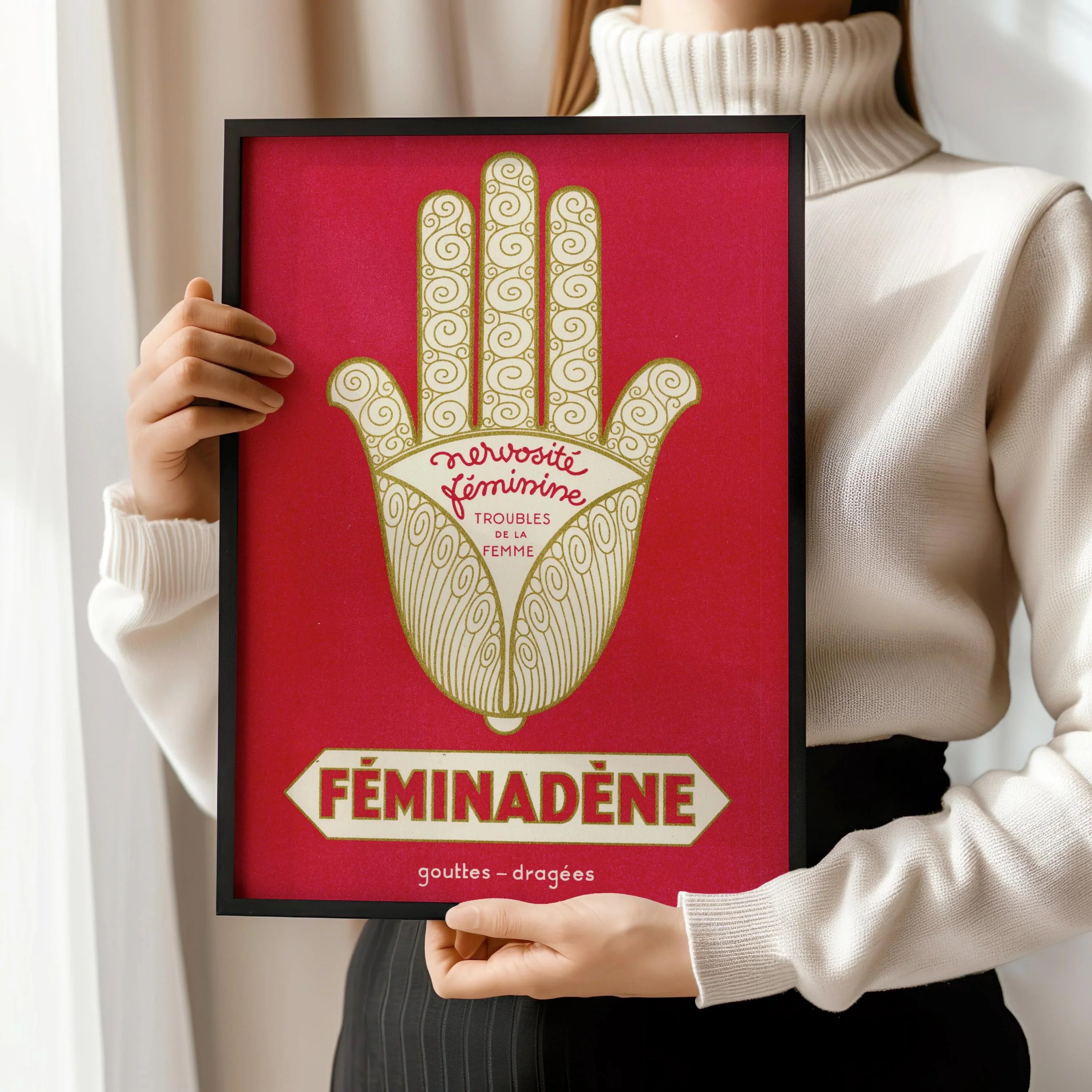 Woman Troubles? Female Nervousness? Féminadène Has You Covered – Vintage French Poster in Red | PRINT | Available Framed - 9ArtPrints