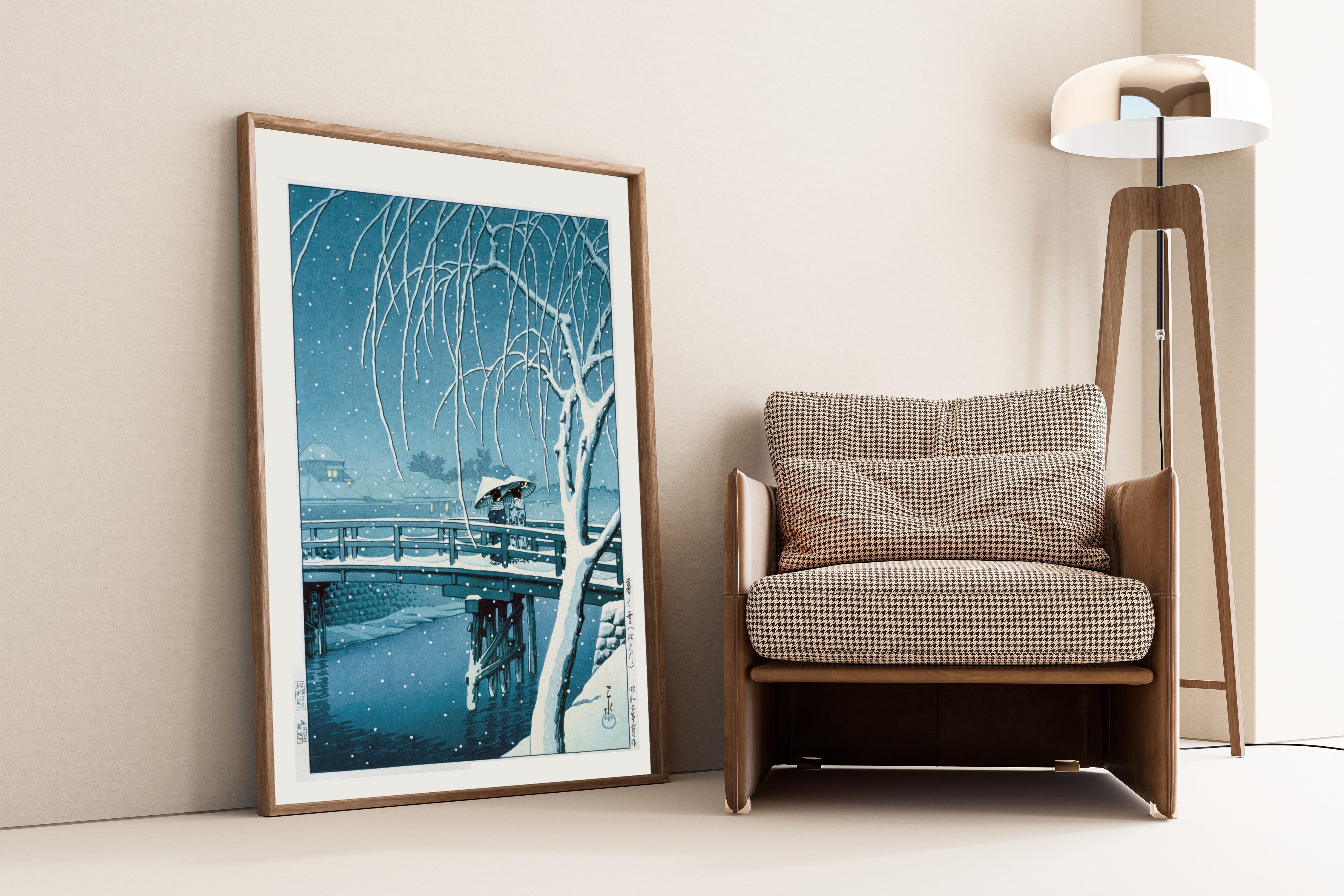 Kawase Hasui — Evening Snow at Edo River | Japanese Woodblock Print (Shin Hanga)