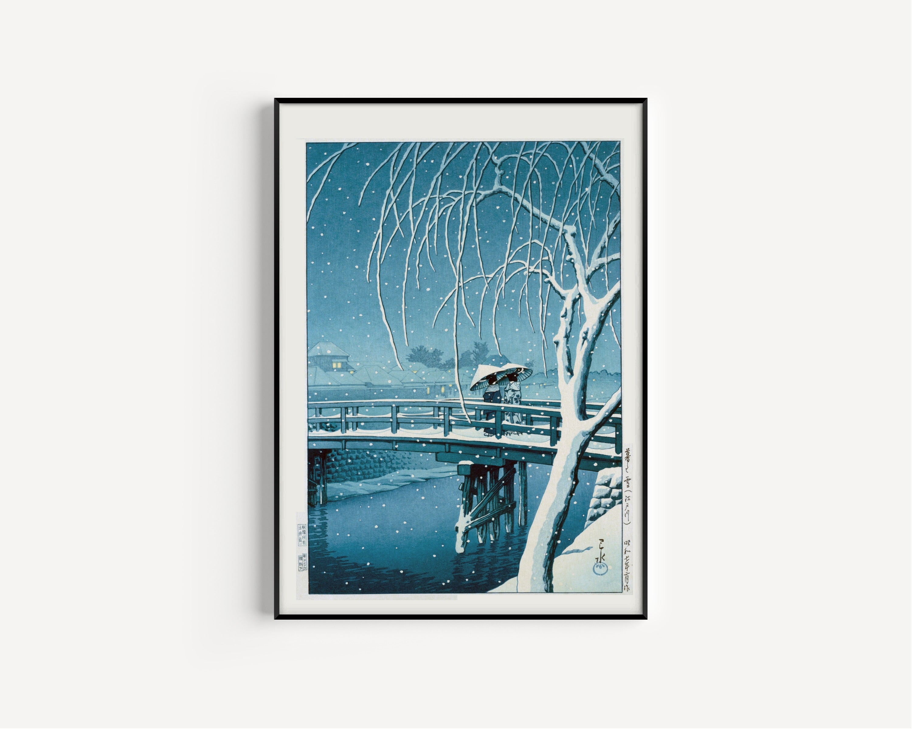Kawase Hasui — Evening Snow at Edo River | Japanese Woodblock Print (Shin Hanga)