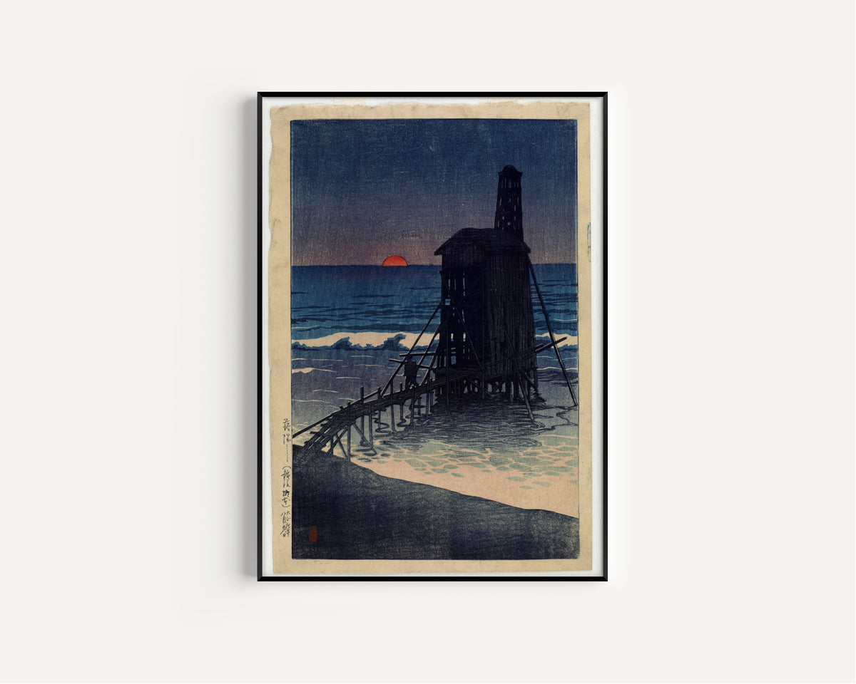 Kawase Hasui — Setting Sun at Gomoto, Echigo | Japanese Woodblock Print (Shin Hanga)
