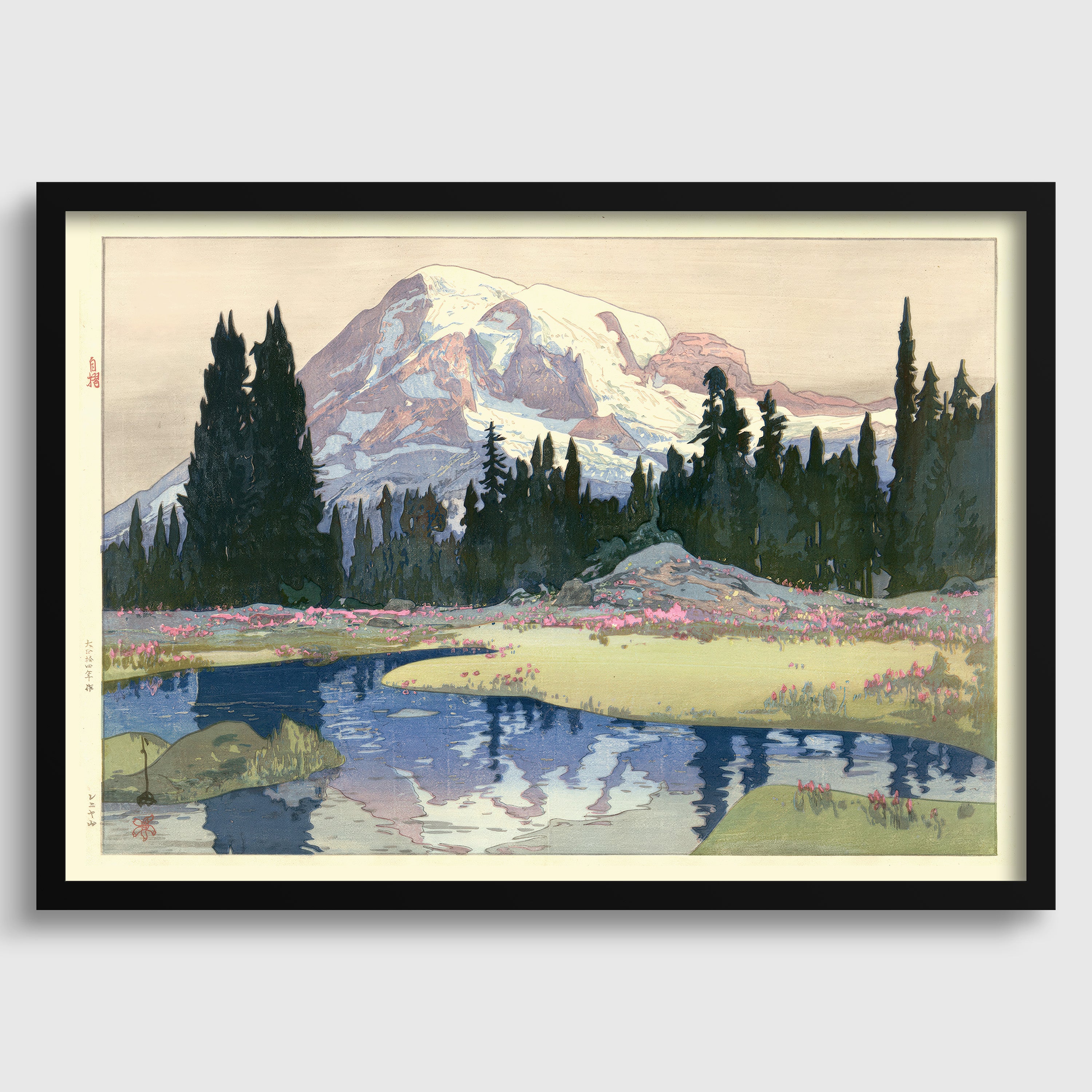 The image is a framed print depicting a serene landscape with a mountain, trees, a river, and a field of flowers.