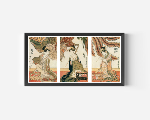 Kitagawa Utamaro — Three Beauties of Matsubaro on Display: Wakamurasaki, Matsukaze, Utagawa | Japanese Woodblock Print (Ukiyo-e)