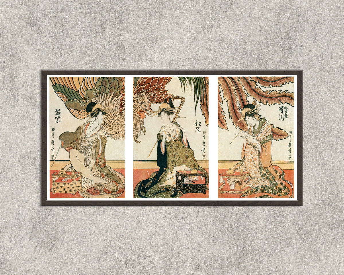 Kitagawa Utamaro — Three Beauties of Matsubaro on Display: Wakamurasaki, Matsukaze, Utagawa | Japanese Woodblock Print (Ukiyo-e)