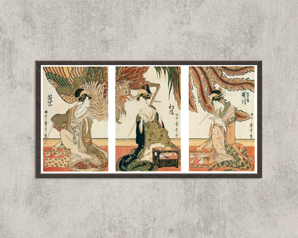 Kitagawa Utamaro — Three Beauties of Matsubaro on Display: Wakamurasaki, Matsukaze, Utagawa | Japanese Woodblock Print (Ukiyo-e)